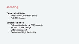 Licensing
Community Edition
• Free Forever, Unlimited Scale
• Full SQL features
Enterprise Edition
• Subscription basis, by RAM capacity
• No limit on disk storage
• Enterprise support
• Replication / High Availability
 