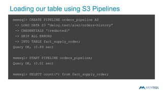 Loading our table using S3 Pipelines
memsql> CREATE PIPELINE orders_pipeline AS
-> LOAD DATA S3 ”deloy.test/alec/orders-history”
-> CREDENTIALS ‘{redacted}’
-> SKIP ALL ERRORS
-> INTO TABLE fact_supply_order;
Query OK, (0.89 sec)
memsql> START PIPELINE orders_pipeline;
Query OK, (0.01 sec)
memsql> SELECT count(*) from fact_supply_order;
 