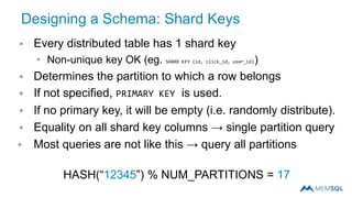 Designing a Schema: Shard Keys
 Every distributed table has 1 shard key
• Non-unique key OK (eg. SHARD KEY (id, click_id, user_id))
 Determines the partition to which a row belongs
 If not specified, PRIMARY KEY is used.
 If no primary key, it will be empty (i.e. randomly distribute).
 Equality on all shard key columns → single partition query
 Most queries are not like this → query all partitions
HASH(“12345”) % NUM_PARTITIONS = 17
 