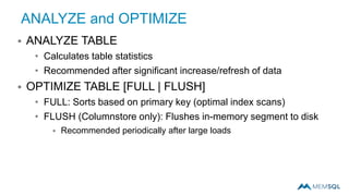 ANALYZE and OPTIMIZE
 ANALYZE TABLE
• Calculates table statistics
• Recommended after significant increase/refresh of data
 OPTIMIZE TABLE [FULL | FLUSH]
• FULL: Sorts based on primary key (optimal index scans)
• FLUSH (Columnstore only): Flushes in-memory segment to disk
 Recommended periodically after large loads
 