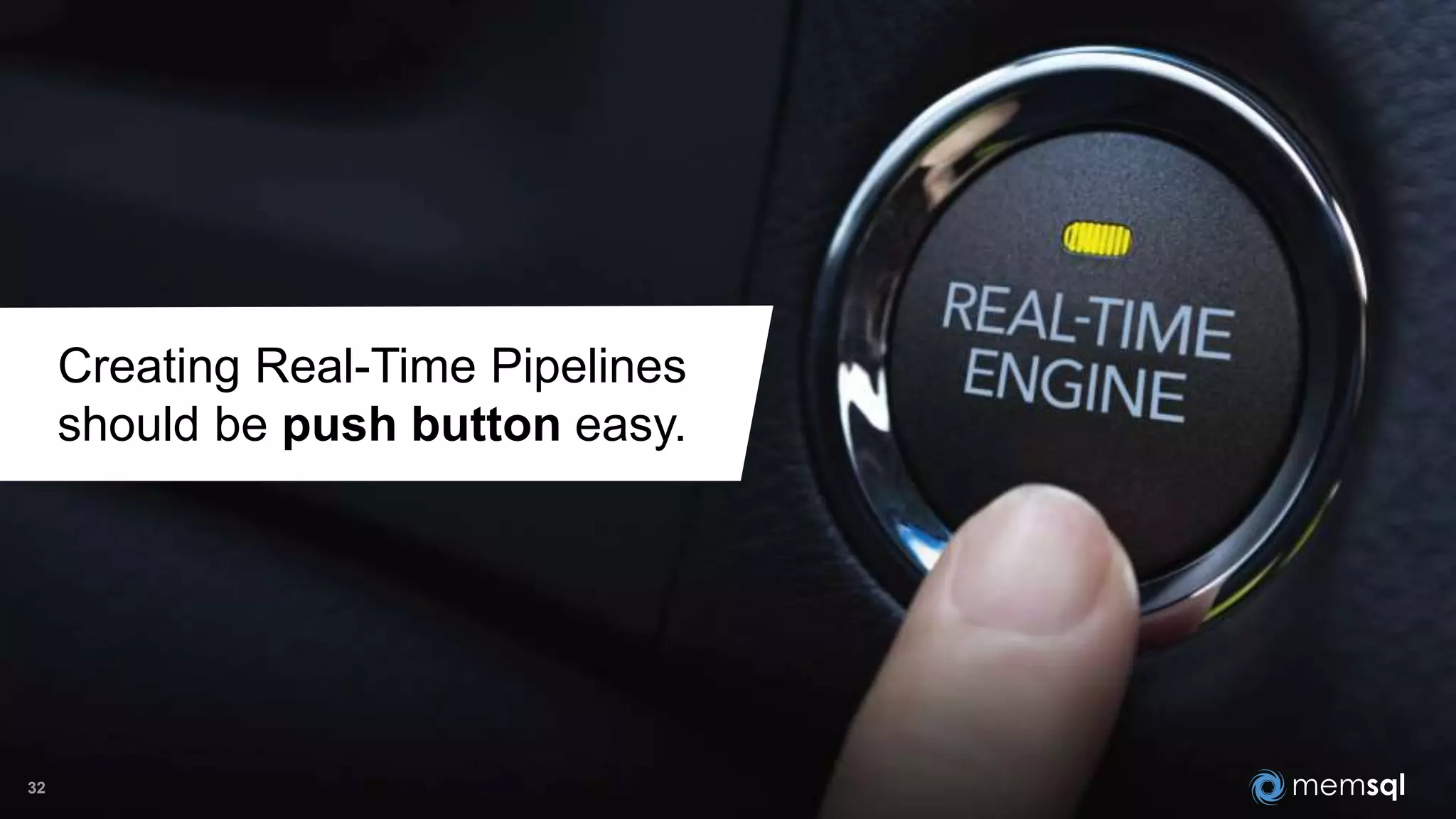Creating Real-Time Pipelines
should be push button easy.
32
 