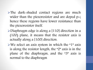 The dark-shaded contact regions are much
wider than the piezoresistor and are doped p+;
hence these regions have lower resistance than
the piezoresistor itself.
Diaphragm edge is along a [110] direction in a
(100) plane, it means that the resistor axis is
actually along a [100] direction.
We select an axis system in which the “1” axis
is along the resistor length, the “2” axis is in the
plane of the diaphragm, and the “3” axis is
normal to the diaphragm
 