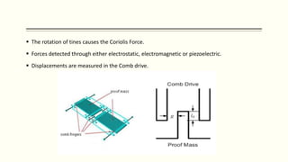  The rotation of tines causes the Coriolis Force.
 Forces detected through either electrostatic, electromagnetic or piezoelectric.
 Displacements are measured in the Comb drive.
 