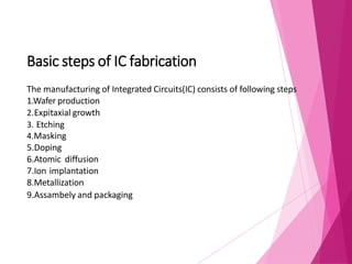 Basic steps of IC fabrication
The manufacturing of Integrated Circuits(IC) consists of following steps
1.Wafer production
2.Expitaxial growth
3. Etching
4.Masking
5.Doping
6.Atomic diffusion
7.Ion implantation
8.Metallization
9.Assambely and packaging
 
