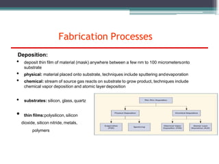 Fabrication Processes
Deposition:
• deposit thin film of material (mask) anywhere between a few nm to 100 micrometersonto
substrate
• physical: material placed onto substrate, techniques include sputtering andevaporation
• chemical: stream of source gas reacts on substrate to grow product, techniques include
chemical vapor deposition and atomic layer deposition
• substrates: silicon, glass, quartz
• thin films:polysilicon, silicon
dioxide, silicon nitride, metals,
polymers
 
