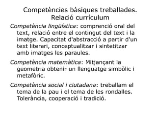 Competències bàsiques treballades.
           Relació currículum
Competència lingüística: comprenció oral del
  text, relació entre el contingut del text i la
  imatge. Capacitat d'abstracció a partir d'un
  text literari, conceptualitzar i sintetitzar
  amb imatges les paraules.
Competència matemàtica: Mitjançant la
  geometria obtenir un llenguatge simbòlic i
  metafòric.
Competència social i ciutadana: treballam el
  tema de la pau i el tema de les rondalles.
  Tolerància, cooperació i tradició.
 
