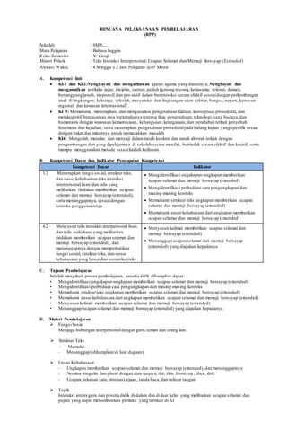 RENCANA PELAKSANAAN PEMBELAJARAN
(RPP)
Sekolah : SMA.....
Mata Pelajaran : Bahasa Inggris
Kelas/Semester : X/ Ganjil
Materi Pokok : Teks Interaksi Interpersonal; Ucapan Selamat dan Memuji Bersayap (Extended)
Alokasi Waktu : 4 Minggu x 2 Jam Pelajaran @45 Menit
A. Kompetensi Inti
 KI-1 dan KI-2:Menghayati dan mengamalkan ajaran agama yang dianutnya. Menghayati dan
mengamalkan perilaku jujur, disiplin, santun,peduli (gotong royong,kerjasama, toleran, damai),
bertanggung jawab, responsif,dan pro-aktif dalam berinteraksi secara efektif sesuaidengan perkembangan
anak di lingkungan, keluarga, sekolah, masyarakat dan lingkungan alam sekitar, bangsa,negara, kawasan
regional, dan kawasan internasional”.
 KI 3: Memahami, menerapkan, dan menganalisis pengetahuan faktual, konseptual, prosedural, dan
metakognitif berdasarkan rasa ingin tahunya tentang ilmu pengetahuan, teknologi, seni, budaya,dan
humaniora dengan wawasan kemanusiaan, kebangsaan,kenegaraan, dan peradaban terkait penyebab
fenomena dan kejadian, serta menerapkan pengetahuan proseduralpada bidang kajian yang spesifik sesuai
dengan bakat dan minatnya untuk memecahkan masalah
 KI4: Mengolah, menalar, dan menyaji dalam ranah konkret dan ranah abstrak terkait dengan
pengembangan dari yang dipelajarinya di sekolah secara mandiri, bertindak secara efektif dan kreatif, serta
mampu menggunakan metode sesuaikaidah keilmuan
B. Kompetensi Dasar dan Indikator Pencapaian Kompetensi
Kompetensi Dasar Indikator
3.2 Menerapkan fungsi sosial, struktur teks,
dan unsurkebahasaan teks interaksi
interpersonal lisan dan tulis yang
melibatkan tindakan memberikan ucapan
selamat dan memuji bersayap (extended),
serta menanggapinya, sesuaidengan
konteks penggunaannya
 Mengidentifikasi ungakapan-ungkapan memberikan
ucapan selamat dan memuji bersayap (extended)
 Mengidentifikasi perbedaan cara pengungkapan dari
masing-masing konteks
 Memahami struktur teks ungkapan memberikan ucapan
selamat dan memuji bersayap (extended)
 Memahami unsurkebahasaan dari ungkapan memberikan
ucapan selamat dan memuji bersayap (extended)
4.2 Menyusun teks interaksi interpersonal lisan
dan tulis sederhana yang melibatkan
tindakan memberikan ucapan selamat dan
memuji bersayap (extended), dan
menanggapinya dengan memperhatikan
fungsi sosial, struktur teks, dan unsur
kebahasaan yang benar dan sesuaikonteks
 Menyusun kalimat memberikan ucapan selamat dan
memuji bersayap (extended)
 Menanggapiucapan selamat dan memuji bersayap
(extended) yang diajukan kepadanya
C. Tujuan Pembelajaran
Setelah mengikuti proses pembelajaran, peserta didik diharapkan dapat:
• Mengidentifikasi ungakapan-ungkapan memberikan ucapan selamat dan memuji bersayap (extended)
• Mengidentifikasi perbedaan cara pengungkapan dari masing-masing konteks
• Memahami strukturteks ungkapan memberikan ucapan selamat dan memuji bersayap (extended)
• Memahami unsurkebahasaan dari ungkapan memberikan ucapan selamat dan memuji bersayap (extended)
• Menyusun kalimat memberikan ucapan selamat dan memuji bersayap (extended)
• Menanggapiucapan selamat dan memuji bersayap (extended) yang diajukan kepadanya
D. Materi Pembelajaran
 FungsiSosial
Menjaga hubungan interpersonaldengan guru,teman dan orang lain.
 Struktur Teks
- Memulai
- Menanggapi(diharapkan/di luar dugaan)
 Unsur Kebahasaan
- Ungkapan memberikan ucapan selamat dan memuji bersayap (extended), dan menanggapinya
- Nomina singular dan plural dengan atau tanpa a, the, this, those,my, their, dsb.
- Ucapan, tekanan kata, intonasi, ejaan, tanda baca, dan tulisan tangan
 Topik
Interaksi antara guru dan peserta didik di dalam dan di luar kelas yang melibatkan ucapan selamat dan
pujian yang dapat menumbuhkan perilaku yang termuat di KI
 