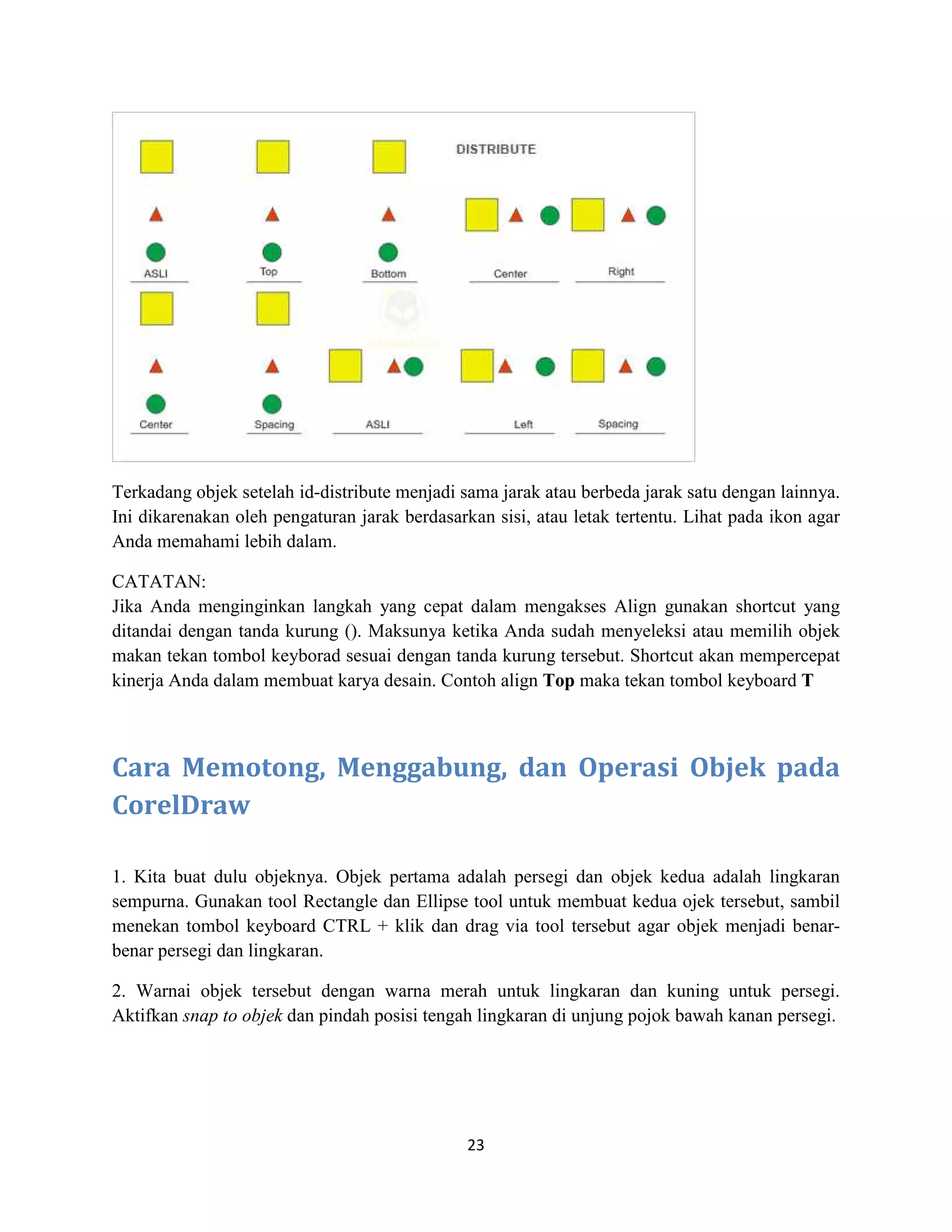 23
Terkadang objek setelah id-distribute menjadi sama jarak atau berbeda jarak satu dengan lainnya.
Ini dikarenakan oleh pengaturan jarak berdasarkan sisi, atau letak tertentu. Lihat pada ikon agar
Anda memahami lebih dalam.
CATATAN:
Jika Anda menginginkan langkah yang cepat dalam mengakses Align gunakan shortcut yang
ditandai dengan tanda kurung (). Maksunya ketika Anda sudah menyeleksi atau memilih objek
makan tekan tombol keyborad sesuai dengan tanda kurung tersebut. Shortcut akan mempercepat
kinerja Anda dalam membuat karya desain. Contoh align Top maka tekan tombol keyboard T
Cara Memotong, Menggabung, dan Operasi Objek pada
CorelDraw
1. Kita buat dulu objeknya. Objek pertama adalah persegi dan objek kedua adalah lingkaran
sempurna. Gunakan tool Rectangle dan Ellipse tool untuk membuat kedua ojek tersebut, sambil
menekan tombol keyboard CTRL + klik dan drag via tool tersebut agar objek menjadi benar-
benar persegi dan lingkaran.
2. Warnai objek tersebut dengan warna merah untuk lingkaran dan kuning untuk persegi.
Aktifkan snap to objek dan pindah posisi tengah lingkaran di unjung pojok bawah kanan persegi.
 