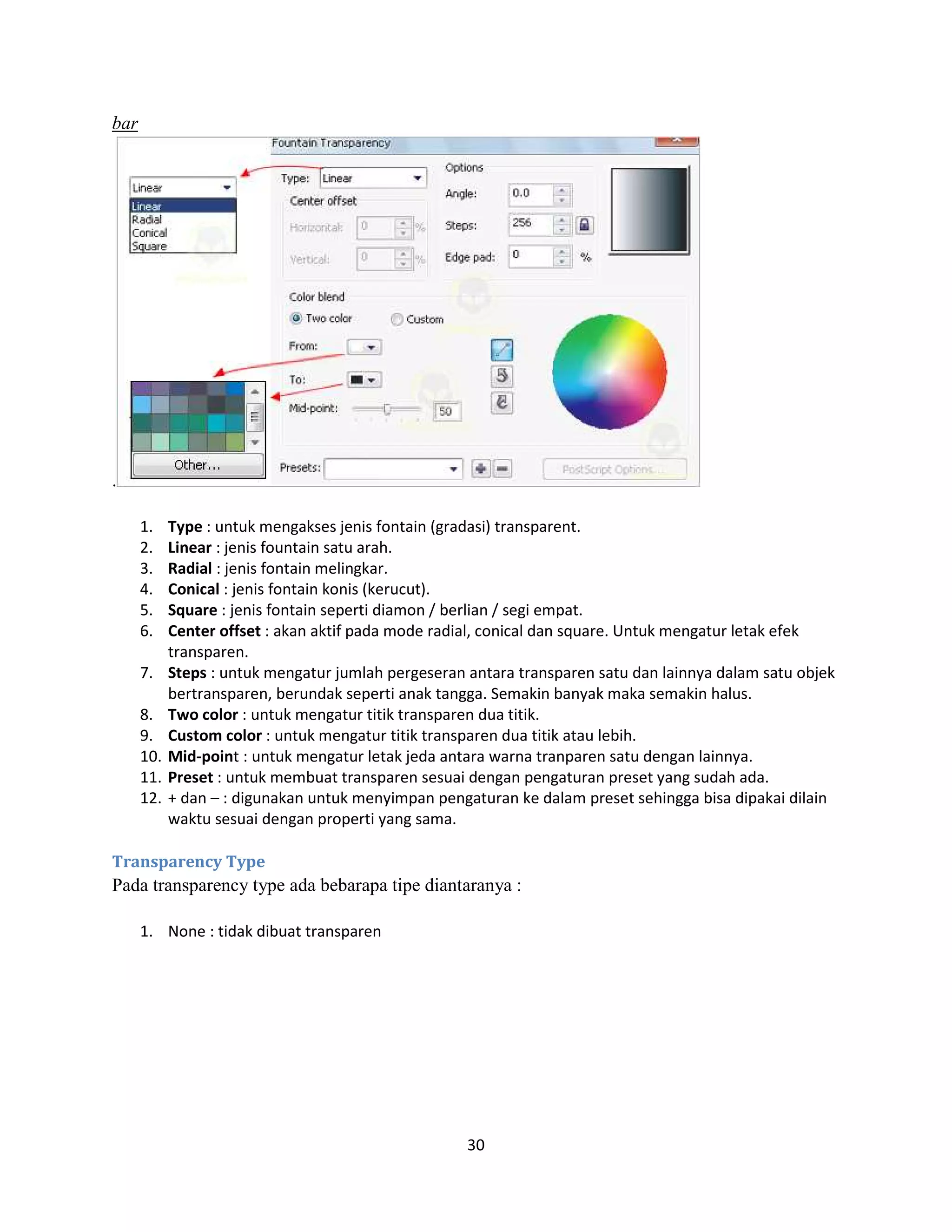 30
bar
.
1. Type : untuk mengakses jenis fontain (gradasi) transparent.
2. Linear : jenis fountain satu arah.
3. Radial : jenis fontain melingkar.
4. Conical : jenis fontain konis (kerucut).
5. Square : jenis fontain seperti diamon / berlian / segi empat.
6. Center offset : akan aktif pada mode radial, conical dan square. Untuk mengatur letak efek
transparen.
7. Steps : untuk mengatur jumlah pergeseran antara transparen satu dan lainnya dalam satu objek
bertransparen, berundak seperti anak tangga. Semakin banyak maka semakin halus.
8. Two color : untuk mengatur titik transparen dua titik.
9. Custom color : untuk mengatur titik transparen dua titik atau lebih.
10. Mid-point : untuk mengatur letak jeda antara warna tranparen satu dengan lainnya.
11. Preset : untuk membuat transparen sesuai dengan pengaturan preset yang sudah ada.
12. + dan – : digunakan untuk menyimpan pengaturan ke dalam preset sehingga bisa dipakai dilain
waktu sesuai dengan properti yang sama.
Transparency Type
Pada transparency type ada bebarapa tipe diantaranya :
1. None : tidak dibuat transparen
 