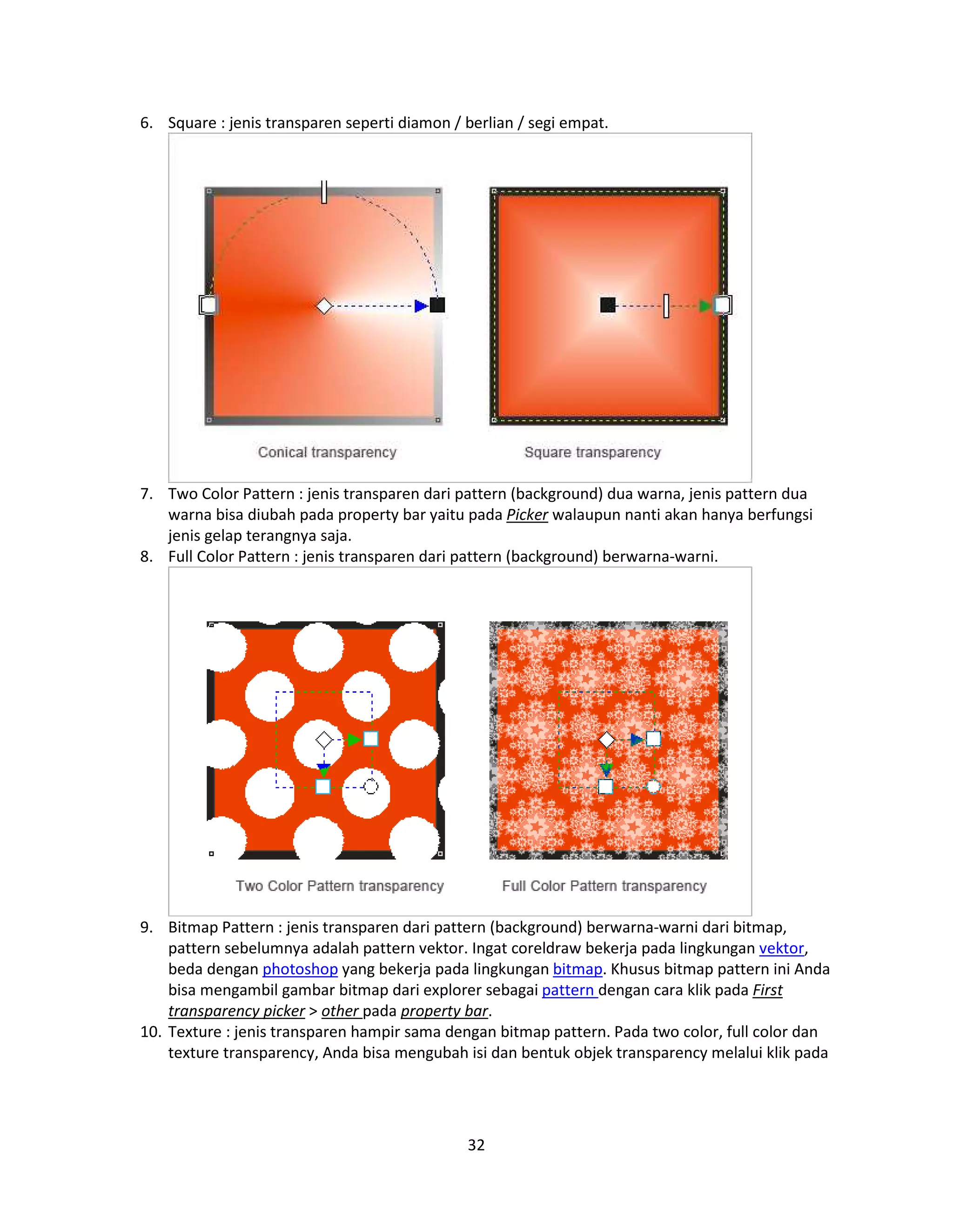 32
6. Square : jenis transparen seperti diamon / berlian / segi empat.
7. Two Color Pattern : jenis transparen dari pattern (background) dua warna, jenis pattern dua
warna bisa diubah pada property bar yaitu pada Picker walaupun nanti akan hanya berfungsi
jenis gelap terangnya saja.
8. Full Color Pattern : jenis transparen dari pattern (background) berwarna-warni.
9. Bitmap Pattern : jenis transparen dari pattern (background) berwarna-warni dari bitmap,
pattern sebelumnya adalah pattern vektor. Ingat coreldraw bekerja pada lingkungan vektor,
beda dengan photoshop yang bekerja pada lingkungan bitmap. Khusus bitmap pattern ini Anda
bisa mengambil gambar bitmap dari explorer sebagai pattern dengan cara klik pada First
transparency picker > other pada property bar.
10. Texture : jenis transparen hampir sama dengan bitmap pattern. Pada two color, full color dan
texture transparency, Anda bisa mengubah isi dan bentuk objek transparency melalui klik pada
 