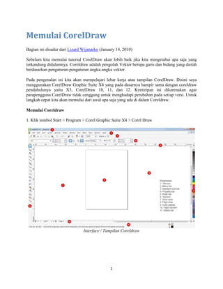 1
Memulai CorelDraw
Bagian ini disadur dari Lizard Wijanarko (January 14, 2010)
Sebelum kita memulai tutorial CorelDraw akan lebih baik jika kita mengetahui apa saja yang
terkandung didalamnya. Coreldraw adalah pengolah Vektor berupa garis dan bidang yang diolah
berdasarkan pengaturan-pengaturan angka-angka vektor.
Pada pengenalan ini kita akan mempelajari lebar kerja atau tampilan CorelDraw. Disini saya
menggunakan CorelDraw Graphic Suite X4 yang pada dasarnya hampir sama dengan coreldraw
pendahulunya yaitu X3, CorelDraw 10, 11, dan 12. Kemiripan ini dikarenakan agar
parapengguna CorelDraw tidak cenggung untuk menghadapi perubahan pada setiap versi. Untuk
langkah cepat kita akan memulai dari awal apa saja yang ada di dalam Coreldraw.
Memulai Coreldraw
1. Klik tombol Start > Program > Corel Graphic Suite X4 > Corel Draw
Interface / Tampilan Coreldraw
 