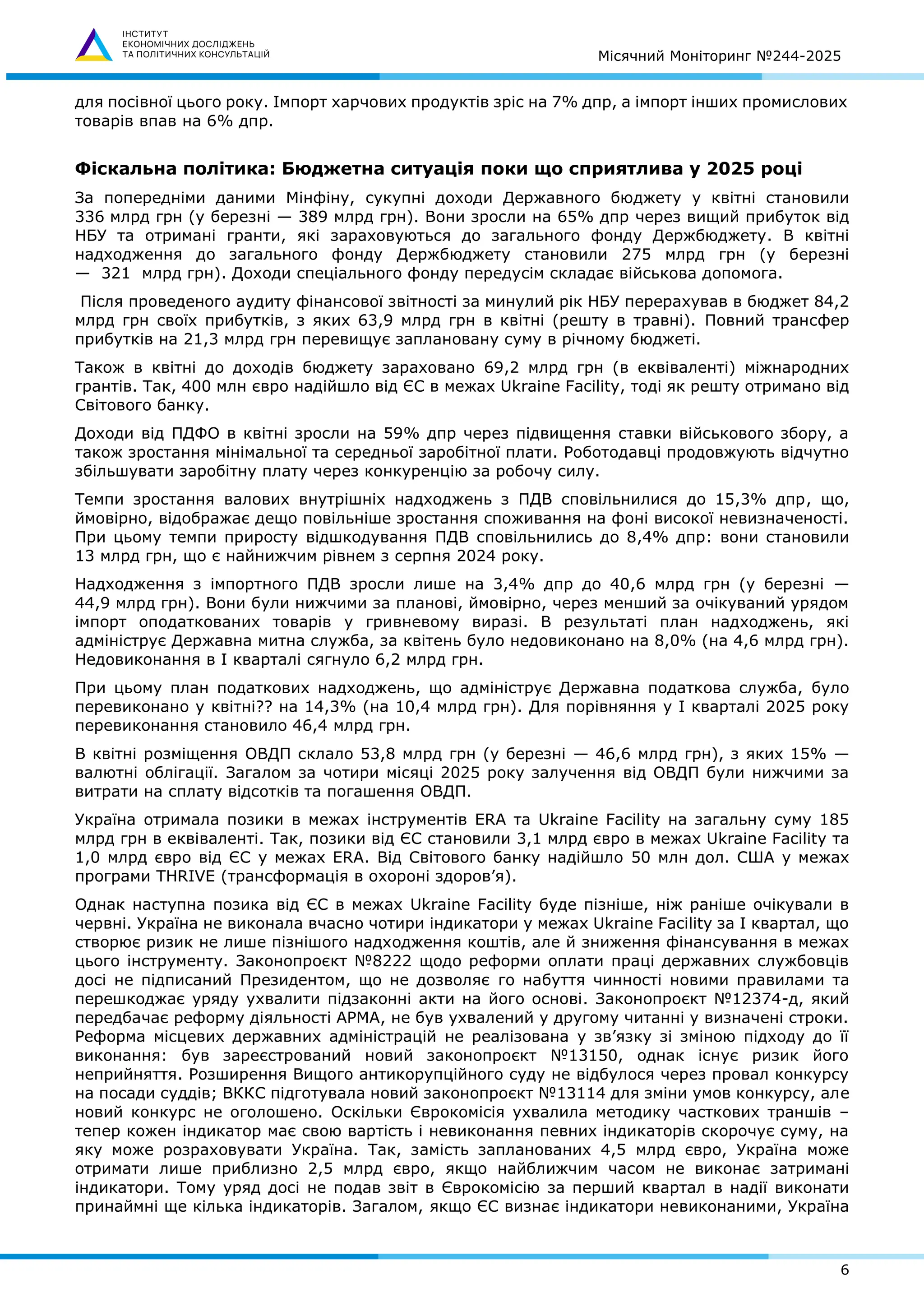 Місячний Моніторинг №244-2025
6
для посівної цього року. Імпорт харчових продуктів зріс на 7% дпр, а імпорт інших промислових
товарів впав на 6% дпр.
Фіскальна політика: Бюджетна ситуація поки що сприятлива у 2025 році
За попередніми даними Мінфіну, сукупні доходи Державного бюджету у квітні становили
336 млрд грн (у березні — 389 млрд грн). Вони зросли на 65% дпр через вищий прибуток від
НБУ та отримані гранти, які зараховуються до загального фонду Держбюджету. В квітні
надходження до загального фонду Держбюджету становили 275 млрд грн (у березні
— 321 млрд грн). Доходи спеціального фонду передусім складає військова допомога.
Після проведеного аудиту фінансової звітності за минулий рік НБУ перерахував в бюджет 84,2
млрд грн своїх прибутків, з яких 63,9 млрд грн в квітні (решту в травні). Повний трансфер
прибутків на 21,3 млрд грн перевищує заплановану суму в річному бюджеті.
Також в квітні до доходів бюджету зараховано 69,2 млрд грн (в еквіваленті) міжнародних
грантів. Так, 400 млн євро надійшло від ЄС в межах Ukraine Facility, тоді як решту отримано від
Світового банку.
Доходи від ПДФО в квітні зросли на 59% дпр через підвищення ставки військового збору, а
також зростання мінімальної та середньої заробітної плати. Роботодавці продовжують відчутно
збільшувати заробітну плату через конкуренцію за робочу силу.
Темпи зростання валових внутрішніх надходжень з ПДВ сповільнилися до 15,3% дпр, що,
ймовірно, відображає дещо повільніше зростання споживання на фоні високої невизначеності.
При цьому темпи приросту відшкодування ПДВ сповільнились до 8,4% дпр: вони становили
13 млрд грн, що є найнижчим рівнем з серпня 2024 року.
Надходження з імпортного ПДВ зросли лише на 3,4% дпр до 40,6 млрд грн (у березні —
44,9 млрд грн). Вони були нижчими за планові, ймовірно, через менший за очікуваний урядом
імпорт оподаткованих товарів у гривневому виразі. В результаті план надходжень, які
адмініструє Державна митна служба, за квітень було недовиконано на 8,0% (на 4,6 млрд грн).
Недовиконання в І кварталі сягнуло 6,2 млрд грн.
При цьому план податкових надходжень, що адмініструє Державна податкова служба, було
перевиконано у квітні?? на 14,3% (на 10,4 млрд грн). Для порівняння у І кварталі 2025 року
перевиконання становило 46,4 млрд грн.
В квітні розміщення ОВДП склало 53,8 млрд грн (у березні — 46,6 млрд грн), з яких 15% —
валютні облігації. Загалом за чотири місяці 2025 року залучення від ОВДП були нижчими за
витрати на сплату відсотків та погашення ОВДП.
Україна отримала позики в межах інструментів ERA та Ukraine Facility на загальну суму 185
млрд грн в еквіваленті. Так, позики від ЄС становили 3,1 млрд євро в межах Ukraine Facility та
1,0 млрд євро від ЄС у межах ERA. Від Світового банку надійшло 50 млн дол. США у межах
програми THRIVE (трансформація в охороні здоров’я).
Однак наступна позика від ЄС в межах Ukraine Facility буде пізніше, ніж раніше очікували в
червні. Україна не виконала вчасно чотири індикатори у межах Ukraine Facility за І квартал, що
створює ризик не лише пізнішого надходження коштів, але й зниження фінансування в межах
цього інструменту. Законопроєкт №8222 щодо реформи оплати праці державних службовців
досі не підписаний Президентом, що не дозволяє го набуття чинності новими правилами та
перешкоджає уряду ухвалити підзаконні акти на його основі. Законопроєкт №12374-д, який
передбачає реформу діяльності АРМА, не був ухвалений у другому читанні у визначені строки.
Реформа місцевих державних адміністрацій не реалізована у зв’язку зі зміною підходу до її
виконання: був зареєстрований новий законопроєкт №13150, однак існує ризик його
неприйняття. Розширення Вищого антикорупційного суду не відбулося через провал конкурсу
на посади суддів; ВККС підготувала новий законопроєкт №13114 для зміни умов конкурсу, але
новий конкурс не оголошено. Оскільки Єврокомісія ухвалила методику часткових траншів –
тепер кожен індикатор має свою вартість і невиконання певних індикаторів скорочує суму, на
яку може розраховувати Україна. Так, замість запланованих 4,5 млрд євро, Україна може
отримати лише приблизно 2,5 млрд євро, якщо найближчим часом не виконає затримані
індикатори. Тому уряд досі не подав звіт в Єврокомісію за перший квартал в надії виконати
принаймні ще кілька індикаторів. Загалом, якщо ЄС визнає індикатори невиконаними, Україна
 
