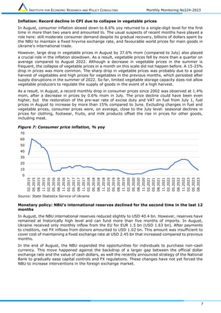 INSTITUTE FOR ECONOMIC RESEARCH AND POLICY CONSULTING Monthly Monitoring No224-2023
7
Inflation: Record decline in CPI due to collapse in vegetable prices
In August, consumer inflation slowed down to 8.6% yoy returned to a single-digit level for the first
time in more than two years and amounted to. The usual suspects of recent months have played a
role here: still moderate consumer demand despite its gradual recovery, billions of dollars spent by
the NBU to maintain a fixed hryvnia exchange rate, and favourable world prices for main goods in
Ukraine's international trade.
However, large drop in vegetable prices in August by 37.6% mom (compared to July) also played
a crucial role in the inflation slowdown. As a result, vegetable prices fell by more than a quarter on
average compared to August 2022. Although a decrease in vegetable prices in the summer is
frequent, the collapse of vegetable prices in a month on this scale did not happen before. A 15-25%
drop in prices was more common. The sharp drop in vegetable prices was probably due to a good
harvest of vegetables and high prices for vegetables in the previous months, which persisted after
supply disruptions in the summer of 2022. So far, limited vegetable storage capacity does not allow
vegetable producers to regulate the supply of goods in the event of a high harvest.
As a result, in August, a record monthly drop in consumer prices since 2002 was observed at 1.4%
mom, after a decrease in prices by 0.6% mom in July. The price decline could have been even
higher, but the restoration of the pre-war rate of excise duty and VAT on fuel from July 1, fuel
prices in August to increase by more than 15% compared to June. Excluding changes in fuel and
vegetable prices, consumer prices were, on average, close to the July level: seasonal declines in
prices for clothing, footwear, fruits, and milk products offset the rise in prices for other goods,
including meat.
Figure 7: Consumer price inflation, % yoy
Source: State Statistics Service of Ukraine
Monetary policy: NBU's international reserves declined for the second time in the last 12
months
In August, the NBU international reserves reduced slightly to USD 40.4 bn. However, reserves have
remained at historically high level and can fund more than five months of imports. In August,
Ukraine received only monthly inflow from the EU for EUR 1.5 bn (USD 1.63 bn). After payments
to creditors, net FX inflows from donors amounted to USD 1.02 bn. This amount was insufficient to
cover cost of maintaining a fixed exchange rate at USD 2.45 bn that increased compared to previous
months.
In the end of August, the NBU expanded the opportunities for individuals to purchase non-cash
currency. This move happened against the backdrop of a larger gap between the official dollar
exchange rate and the value of cash dollars, as well the recently announced strategy of the National
Bank to gradually ease capital controls and FX regulations. These changes have not yet forced the
NBU to increase interventions in the foreign exchange market.
0
10
20
30
40
50
60
70
02.2015
05.2015
08.2015
11.2015
02.2016
05.2016
08.2016
11.2016
02.2017
05.2017
08.2017
11.2017
02.2018
05.2018
08.2018
11.2018
02.2019
05.2019
08.2019
11.2019
02.2020
05.2020
08.2020
11.2020
02.2021
05.2021
08.2021
11.2021
02.2022
05.2022
08.2022
11.2022
02.2023
05.2023
08.2023
 
