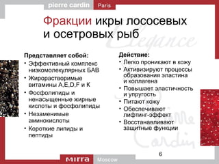 6
Фракции икры лососевых
и осетровых рыб
Представляет собой:
• Эффективный комплекс
низкомолекулярных БАВ
• Жирорастворимые
витамины А,Е,D,F и К
• Фосфолипиды и
ненасыщенные жирные
кислоты и фосфолипиды
• Незаменимые
аминокислоты
• Короткие липиды и
пептиды
Действие:
• Легко проникают в кожу
• Активизируют процессы
образования эластина
и коллагена
• Повышает эластичность
и упругость
• Питают кожу
• Обеспечивают
лифтинг-эффект
• Восстанавливают
защитные функции
 
