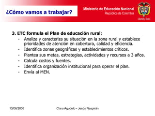 Dirección de Poblaciones y Proyectos Intersectoriales Educación Nacional
                                                Ministerio de
¿Cómo vamos a trabajar?
    República de Colombia                                      República de Colombia




  3. ETC formula el Plan de educación rural:
     - Analiza y caracteriza su situación en la zona rural y establece
        prioridades de atención en cobertura, calidad y eficiencia.
     - Identifica zonas geográficas y establecimientos críticos.
     - Plantea sus metas, estrategias, actividades y recursos a 3 años.
     - Calcula costos y fuentes.
     - Identifica organización institucional para operar el plan.
     - Envía al MEN.




 13/06/2008                   Clara Agudelo - Jesús Naspirán
 