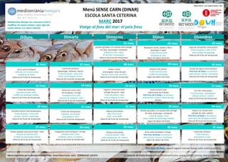 Mediterrània Menjars ens reservem el dret a
modificar els menús sempre i quan sigui per
causes alienes a la nostra voluntat.
Dilluns Dimarts Dimecres Dijous Divendres
Menú SENSE CARN (DINAR)
ESCOLA SANTA CETERINA
MARÇ 2017
Viatge al fons del mar: el peix fresc
Membre col·laborador de:
02 març01 març 13 desembre
06 març 09 març08 març 10 març
23 desembre
www.mediterraniamenjars.com
Tel.: 977.79.52.22
2 desembre
07 març
19 gener 20 gener
Menú supervisat per la dietista-Nutricionista: Anna Pérez Curto núm. CODINUCAT: CAT472
20 febrer 24 gener
18 gener17 gener13 març
03 març
25 gener 26 gener 27 gener
27 març 28 març
Crema de verdures
(pastanaga, carbassó i porro)
Truita de patata i ceba amb
llunes de tomàquet amanit
Selecció de fruita de temporada
X
Guisat de cigrons amb espinacs
Peix fresc de llotja a la tempura
amb enciam, moresc i remolatxa
Selecció de fruita de temporada
FIdeus rossos
amb popets i brou de peix
Bacallà al forn amb samfaina
Selecció de fruita de temporada
Bajoqueta verda, patata a daus i
pastanga al vapor
Truita francesa amb
tomàquet al caliu
Iogurt de sabors de fruita
Sopa de verduretes amb pistons
Truita de patata i ceba al forn
amb crudités de pastanga
Selecció de fruita de temporada
Bròquil amb patata
Truita francesa amb
crudités de pastanaga
Iogurt de sabors de fruita
Crema de carabassa
Figuretes de peix amb
crudités de pastanga ratllada
Selecció de fruita de temporada
Col i flor amb patata
Truita francesa i xampinyons
saltejats amb all i julivert
Selecció de fruita de temporada
Rissotto d’arròs amb xampinyons
Truita de patata i ceba amb
enciam, moresc i pastanaga
Selecció de fruita de temporada
Crema de Vichyssoisse
Calamars a la romana
amb patata al caliu
Selecció de fruita de temporada
Llenties guisades a la cassola amb sofregit
de ceba, pastanaga i tomàquet
Truita de patata i ceba
amb crudités de pastanaga ratllada
Iogurt de sabors de fruita
Fideus a la cassola amb
sofregit de ceba i pebrot
Peix fresc de llotja a la tempura
amb llunes de tomàquet amanit
Selecció de fruita de temporada
Bajoca amb patata
Rap al forn amb
ceba i arròs pilaff
Selecció de fruita de temporada
Macarrons amb salsa
de tomàquet i orenga
Limanda al forn amb
paisana de carbassó i ceba
Selecció de fruita de temporada
14 març 15 març 16 març 17 març
20 març 21 març 22 març 23 març 24 març
Llenties guisades a la cassola amb sofregit
de ceba, pastanaga i tomàquet
Gallineta al forn sobre
llit de ceba i xampinyons
Selecció de fruita de temporada
Pèsols saltejats amb pernil dolç i ceba
Bunyols de bacallà amb
crudités de pastanaga ratllada
Selecció de fruita de temporada
29 març 30 març 27 gener31 març
Peix fresc de llotja s’escull segons mercat: llucet, seitó, maire o sardina..
Arròs amb tomàquet
Calamars a la romana amb
empedrat de fesols
Selecció de fruita de temporada
Cigrons i cous cous amb
sofregit de porro i ceba
Truita de patata i ceba
amb tomàquet al caliu
Selecció de fruita de temporada
Arròs mariner amb
calamarsets de la platja
Peix fresc de la llotja a la tempura
amb enciam, moresc i brots de soja
Natilles
Espaguetis amb tomàquet i orenga
Limanda al forn amb
carbassó i porro a la juliana
Selecció de fruita de temporada
Bròquil amb patata
Truita de patata i ceba
amb xampinyons, all i julivert
Selecció de fruita de temporada
Arròs amb tomàquet i orenga
Peix fresc de llotja a la tempura
amb enciam, moresc i remolatxa
Iogurt de sabors de fruita
Crema de carbassó
Truita francesa
amb patata al caliu
Selecció de fruita de temporada
La selecció de fruita fresca canvia diàriament entre: poma, plàtan, taronja, kiwi o maduixa.
 