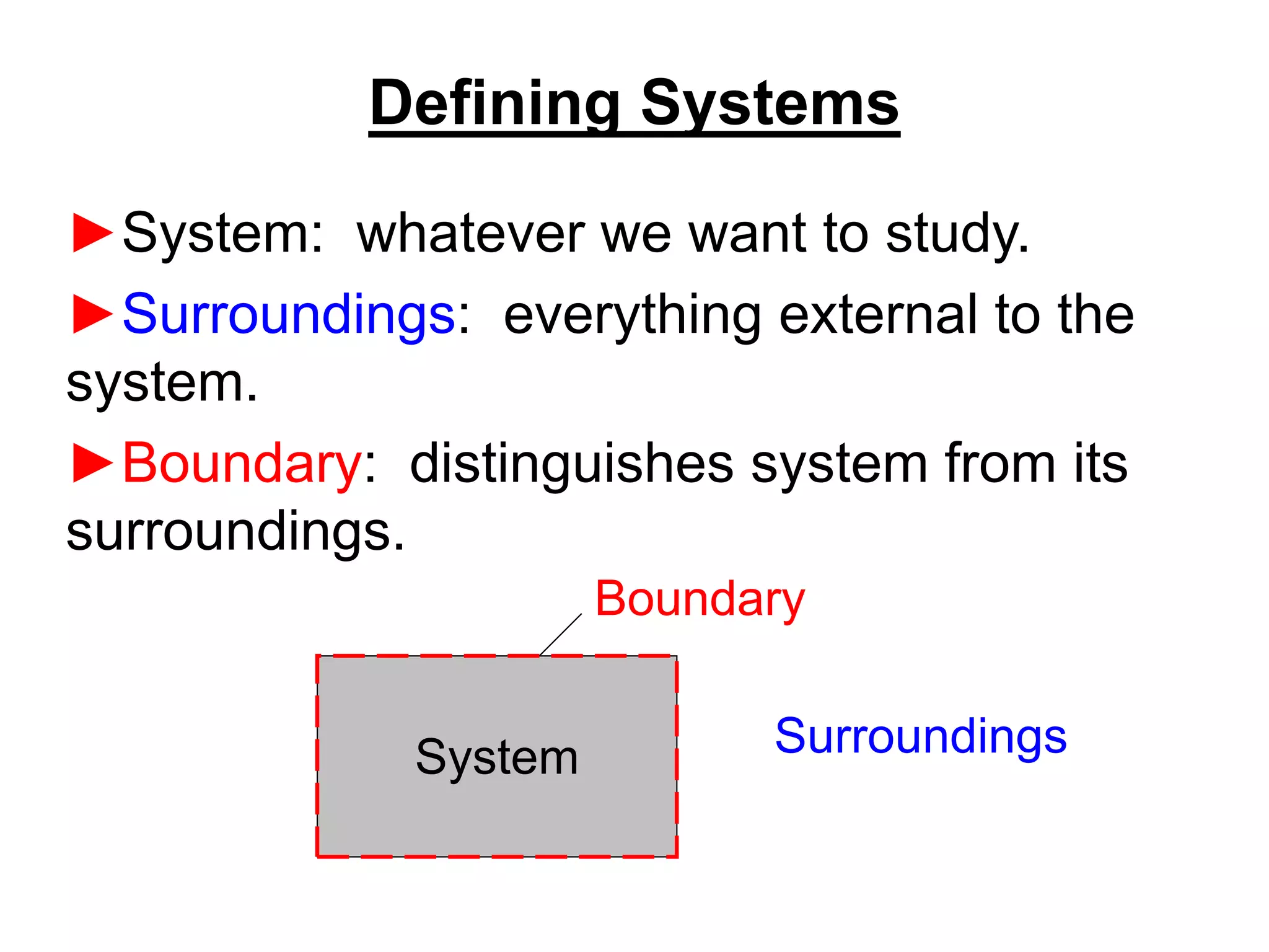 Defining Systems
►System: whatever we want to study.
►Surroundings: everything external to the
system.
►Boundary: distinguishes system from its
surroundings.
System Surroundings
Boundary
 