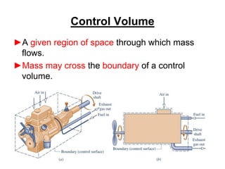 Control Volume
►A given region of space through which mass
flows.
►Mass may cross the boundary of a control
volume.
 