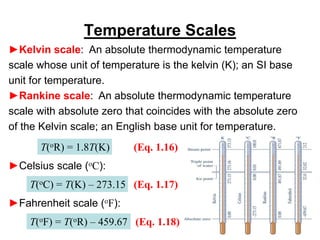 ►Kelvin scale: An absolute thermodynamic temperature
scale whose unit of temperature is the kelvin (K); an SI base
unit for temperature.
►Rankine scale: An absolute thermodynamic temperature
scale with absolute zero that coincides with the absolute zero
of the Kelvin scale; an English base unit for temperature.
Temperature Scales
T(oR) = 1.8T(K) (Eq. 1.16)
►Celsius scale (oC):
T(oC) = T(K) – 273.15 (Eq. 1.17)
►Fahrenheit scale (oF):
T(oF) = T(oR) – 459.67 (Eq. 1.18)
 