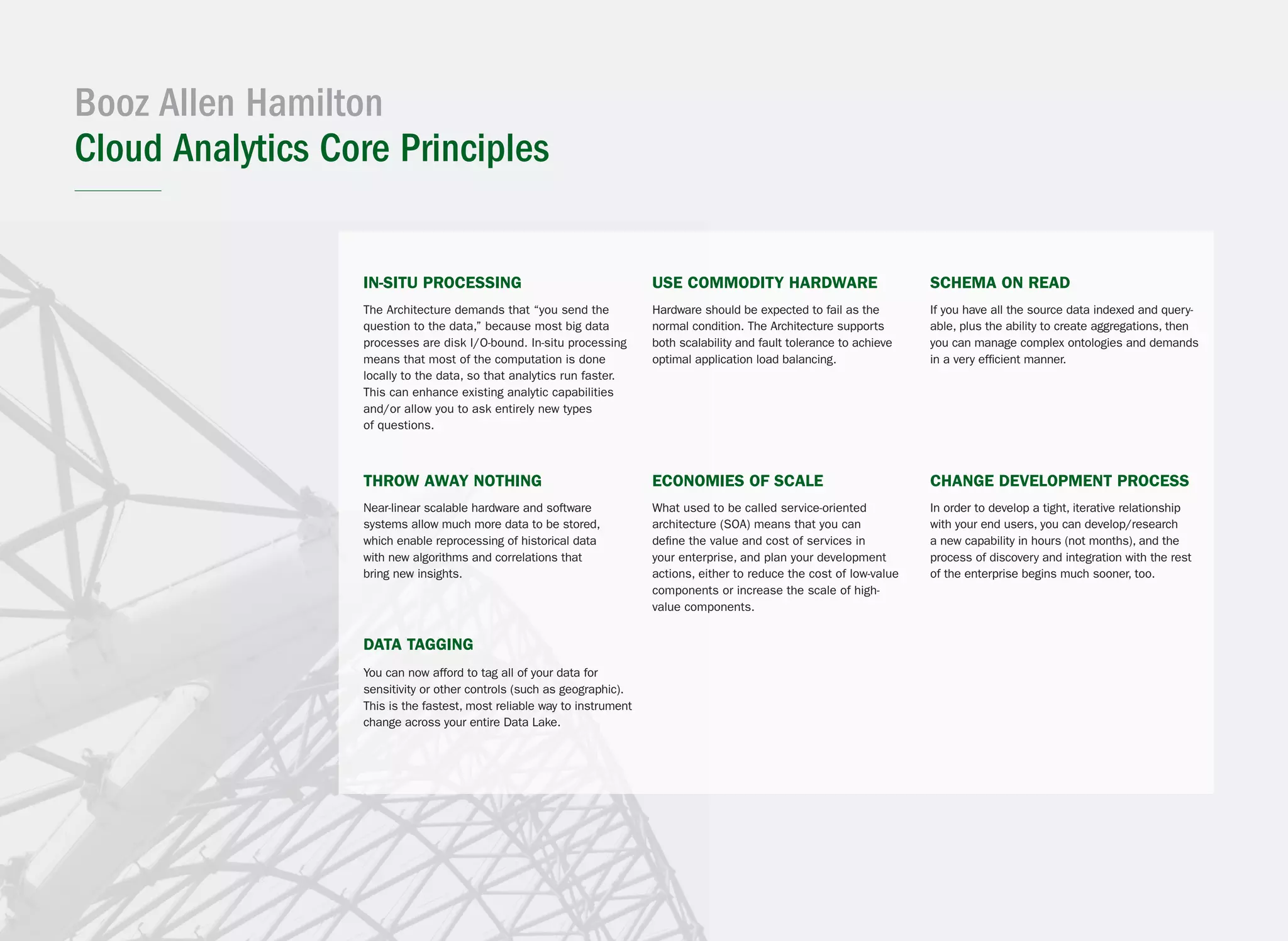 Booz Allen Hamilton
Cloud Analytics Core Principles
In-situ processing
The Architecture demands that “you send the
question to the data,” because most big data
processes are disk I/O-bound. In-situ processing
means that most of the computation is done
locally to the data, so that analytics run faster.
This can enhance existing analytic capabilities
and/or allow you to ask entirely new types
of questions.
Data tagging
You can now afford to tag all of your data for
sensitivity or other controls (such as geographic).
This is the fastest, most reliable way to instrument
change across your entire Data Lake.
Use commodity hardware
Hardware should be expected to fail as the
normal condition. The Architecture supports
both scalability and fault tolerance to achieve
optimal application load balancing.
Economies of scale
What used to be called service-oriented
architecture (SOA) means that you can
define the value and cost of services in
your enterprise, and plan your development
actions, either to reduce the cost of low-value
components or increase the scale of high-
value components.
Schema on read
If you have all the source data indexed and query-
able, plus the ability to create aggregations, then
you can manage complex ontologies and demands
in a very efficient manner.
Change development process
In order to develop a tight, iterative relationship
with your end users, you can develop/research
a new capability in hours (not months), and the
process of discovery and integration with the rest
of the enterprise begins much sooner, too.
Throw away nothing
Near-linear scalable hardware and software
systems allow much more data to be stored,
which enable reprocessing of historical data
with new algorithms and correlations that
bring new insights.
 