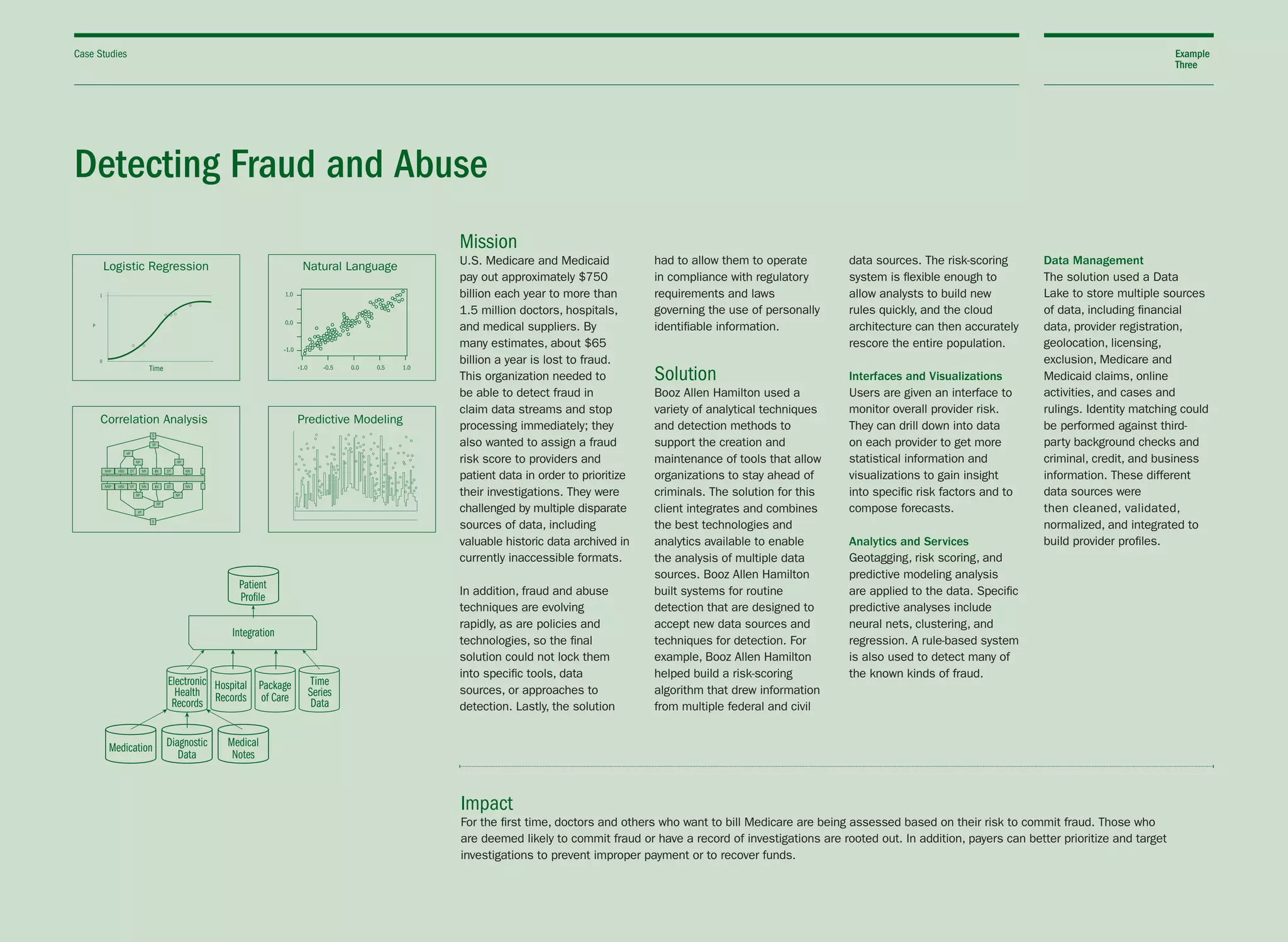 Detecting Fraud and Abuse
U.S. Medicare and Medicaid
pay out approximately $750
billion each year to more than
1.5 million doctors, hospitals,
and medical suppliers. By
many estimates, about $65
billion a year is lost to fraud.
This organization needed to
be able to detect fraud in
claim data streams and stop
processing immediately; they
also wanted to assign a fraud
risk score to providers and
patient data in order to prioritize
their investigations. They were
challenged by multiple disparate
sources of data, including
valuable historic data archived in
currently inaccessible formats.
In addition, fraud and abuse
techniques are evolving
rapidly, as are policies and
technologies, so the final
solution could not lock them
into specific tools, data
sources, or approaches to
detection. Lastly, the solution
had to allow them to operate
in compliance with regulatory
requirements and laws
governing the use of personally
identifiable information.
Solution
Booz Allen Hamilton used a
variety of analytical techniques
and detection methods to
support the creation and
maintenance of tools that allow
organizations to stay ahead of
criminals. The solution for this
client integrates and combines
the best technologies and
analytics available to enable
the analysis of multiple data
sources. Booz Allen Hamilton
built systems for routine
detection that are designed to
accept new data sources and
techniques for detection. For
example, Booz Allen Hamilton
helped build a risk-scoring
algorithm that drew information
from multiple federal and civil
data sources. The risk-scoring
system is flexible enough to
allow analysts to build new
rules quickly, and the cloud
architecture can then accurately
rescore the entire population.
Interfaces and Visualizations
Users are given an interface to
monitor overall provider risk.
They can drill down into data
on each provider to get more
statistical information and
visualizations to gain insight
into specific risk factors and to
compose forecasts.
Analytics and Services
Geotagging, risk scoring, and
predictive modeling analysis
are applied to the data. Specific
predictive analyses include
neural nets, clustering, and
regression. A rule-based system
is also used to detect many of
the known kinds of fraud.
Data Management
The solution used a Data
Lake to store multiple sources
of data, including financial
data, provider registration,
geolocation, licensing,
exclusion, Medicare and
Medicaid claims, online
activities, and cases and
rulings. Identity matching could
be performed against third-
party background checks and
criminal, credit, and business
information. These different
data sources were
then cleaned, validated,
normalized, and integrated to
build provider profiles.
For the first time, doctors and others who want to bill Medicare are being assessed based on their risk to commit fraud. Those who
are deemed likely to commit fraud or have a record of investigations are rooted out. In addition, payers can better prioritize and target
investigations to prevent improper payment or to recover funds.
Mission
Impact
Logistic Regression Natural Language
Predictive ModelingCorrelation Analysis
Patient
Profile
Medication Diagnostic
Data
Medical
Notes
Electronic
Health
Records
Time
Series
Data
Hospital
Records
Package
of Care
Integration
Case Studies Example
Three
 