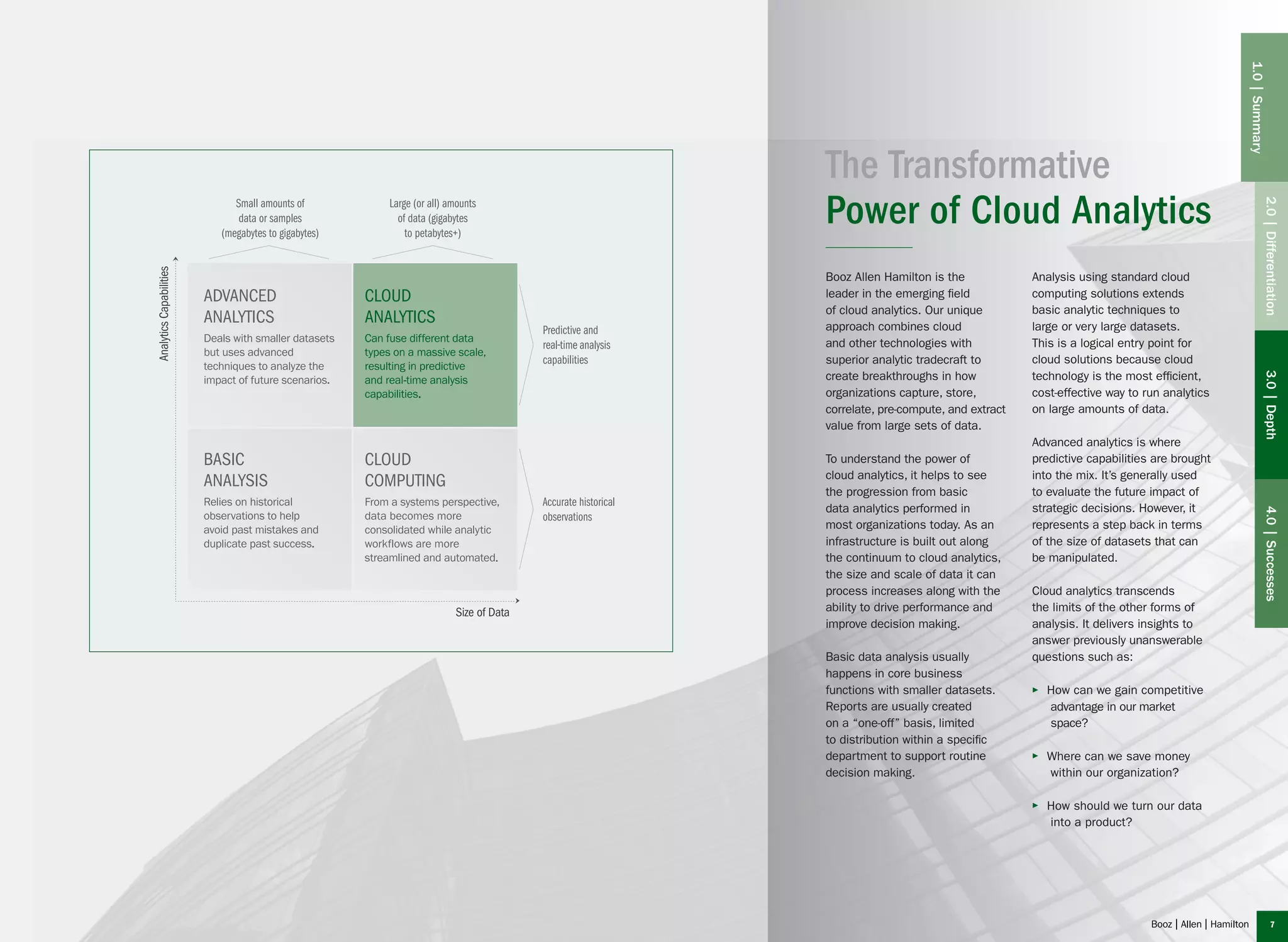 The Transformative
Power of Cloud Analytics
Booz Allen Hamilton is the
leader in the emerging field
of cloud analytics. Our unique
approach combines cloud
and other technologies with
superior analytic tradecraft to
create breakthroughs in how
organizations capture, store,
correlate, pre-compute, and extract
value from large sets of data.
To understand the power of
cloud analytics, it helps to see
the progression from basic
data analytics performed in
most organizations today. As an
infrastructure is built out along
the continuum to cloud analytics,
the size and scale of data it can
process increases along with the
ability to drive performance and
improve decision making.
Basic data analysis usually
happens in core business
functions with smaller datasets.
Reports are usually created
on a “one-off” basis, limited
to distribution within a specific
department to support routine
decision making.
Analysis using standard cloud
computing solutions extends
basic analytic techniques to
large or very large datasets.
This is a logical entry point for
cloud solutions because cloud
technology is the most efficient,
cost-effective way to run analytics
on large amounts of data.
Advanced analytics is where
predictive capabilities are brought
into the mix. It’s generally used
to evaluate the future impact of
strategic decisions. However, it
represents a step back in terms
of the size of datasets that can
be manipulated.
Cloud analytics transcends
the limits of the other forms of
analysis. It delivers insights to
answer previously unanswerable
questions such as:
▶▶ How can we gain competitive
advantage in our market
space?
▶▶ Where can we save money
within our organization?
▶▶ How should we turn our data
into a product?
7
2.0|Differentiation3.0|Depth4.0|Successes
1.0|Summary
 