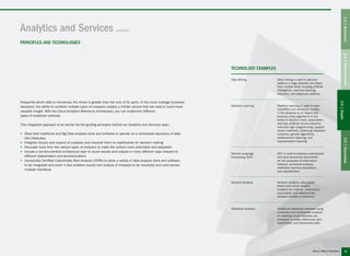 Frequently where data is concerned, the whole is greater than the sum of its parts. In the most strategic business
decisions, the ability to combine multiple types of analyses creates a holistic picture that can lead to much more
valuable insight. With the Cloud Analytics Reference Architecture, you can implement different
types of analytical methods.
This integrated approach is an anchor for the guiding principles behind our Analytics and Services layer:
▶▶ Allow both traditional and Big Data analysis tools and software to operate on a centralized repository of data
(the DataLake)
▶▶ Integrate results and outputs of analyses and visualize them on dashboards for decision making
▶▶ Decouple tools from the various types of analyses to make the system more extensible and adaptable
▶▶ Include a service-oriented architecture layer to reuse results and outputs in many different ways relevant to
different stakeholders and decisionmakers
▶▶ Incorporate Certified Catastrophe Risk Analysis (CCRA) to allow a variety of data analysis tools and software
to be integrated and used; it also enables results and outputs of analyses to be visualized and used across
multiple interfaces
TECHNOLOGY EXAMPLES
Data Mining
Machine Learning
Natural Language
Processing (NLP)
Network Analysis
Statistical Analysis
Data mining is used to discover
patterns in large datasets and draws
from multiple fields including artificial
intelligence, machine learning,
statistics, and database systems.
Machine learning is used to learn
classifiers and prediction models
in the absence of an expert and
employs many algorithms in the
areas of decision trees, association
learning, artificial neural networks,
inductive logic programming, support
vector machines, clustering, Bayesian
networks, genetic algorithms,
reinforcement learning, and
representation learning.
NLP is used to process unstructured
and semi-structured documents
for the purposes of information
retrieval, sentiment analysis,
statistical machine translation,
and classification.
Network analysis using graph
theory and social network
analysis are used to understand
association and relationships
between entities of interests.
Traditional statistical methods using
univariate and multivariate analysis
on relatively small datasets are
employed to make inferences, test
hypotheses, and summarize data.
Analytics and Services (continued)
PRINCIPLES AND TECHNOLOGIES
1.0|Summary2.0|Differentiation4.0|Successes
3.0|Depth
21
 