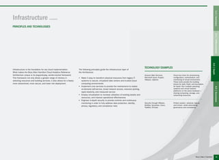 Infrastructure is the foundation for any cloud implementation.
What makes the Booz Allen Hamilton Cloud Analytics Reference
Architecture unique is its plug-and-play, vendor-neutral framework.
This framework not only allows a greater range of choices in
selecting resources and building services, it also allows for a faster,
more streamlined, more secure, and lower risk deployment.
The following principles guide the infrastructure layer of
the Architecture:
▶▶ Make it easy to transform physical resources from legacy IT
systems to secure, virtualized data centers and trusted cloud
computing environments
▶▶ Implement core services to provide the mechanisms to realize
on-demand self-service, broad network access, resource pooling,
rapid elasticity, and measured service
▶▶ Employ virtualization to increase utilization of existing assets and
resources, and improve operational effectiveness
▶▶ Engineer in-depth security to provide controls and continuous
monitoring in order to fully address data protection, identity,
privacy, regulatory, and compliance risks
Infrastructure (continued)
TECHNOLOGY EXAMPLES
Amazon Web Services,
Microsoft Azure, Puppet,
VMware, vSphere
Security through VMware,
McAfee, Symantec, Cisco,
TripWire, EnCase
Cloud tool chain for provisioning,
configuration, orchestration, and
monitoring of virtual environment.
These tools provide the building
blocks for IaaS, PaaS, and foundation
for SaaS. Run multiple operating
systems and virtual network
platforms on the same hardware—
sharing computing, storage, and
networking resources.
Protect assets—physical, logical,
and virtual—while automating
governance and compliance.
PRINCIPLES AND TECHNOLOGIES
1.0|Summary2.0|Differentiation4.0|Successes
3.0|Depth
29
 