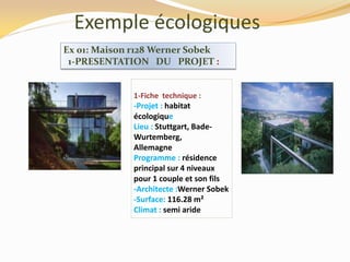 Exemple écologiques
1-Fiche technique :
-Projet : habitat
écologique
Lieu : Stuttgart, Bade-
Wurtemberg,
Allemagne
Programme : résidence
principal sur 4 niveaux
pour 1 couple et son fils
-Architecte :Werner Sobek
-Surface: 116.28 m²
Climat : semi aride
Ex 01: Maison r128 Werner Sobek
1-PRESENTATION DU PROJET :
 