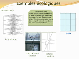 Exemples écologiques
La structure:
ossature en acier.
basée sur une trame de 2.9x3.85m ,
la structure apparentes constituée
de poutres ipe 200 fixées par des
pièces pleins sur des poteaux carrée
de 10 cm ; elle est contreventée par
des croix de saint-andréen.
La structure
croix de saint-
andréen poutres
poteaux
 