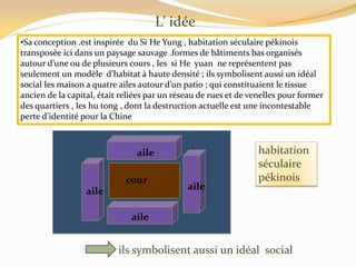 L’ idée
•Sa conception .est inspirée du Si He Yung , habitation séculaire pékinois
transposée ici dans un paysage sauvage .formes de bâtiments bas organisés
autour d’une ou de plusieurs cours , les si He yuan ne représentent pas
seulement un modèle d’habitat { haute densité ; ils symbolisent aussi un idéal
social les maison a quatre ailes autour d’un patio ; qui constituaient le tissue
ancien de la capital, était reliées par un réseau de rues et de venelles pour former
des quartiers , les hu tong , dont la destruction actuelle est une incontestable
perte d’identité pour la Chine
cour
aile
aileaile
aile
habitation
séculaire
pékinois
ils symbolisent aussi un idéal social
 