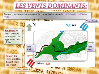 Menaa constitue dans une zone de transmission entre l’Atlas Saharien et l’Atlas
Tallien
En hiver: les
vents du nord
et nord-est qui
apportent des
pluies
En été: les
vents soufflant
d’ouest et de
sud-ouest
Sahara
TellN,E
S.O
vers
Biskra
Vers
Batna
N
Vents Froids
Vents chauds
 