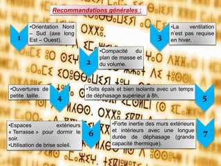 Recommandations générales :
•Orientation Nord
– Sud (axe long
Est – Ouest).1
•Compacité du
plan de masse et
du volume.2
•La ventilation
n’est pas requise
en hiver.3
•Ouvertures de
petite taille. 4
•Toits épais et bien isolants avec un temps
de déphasage supérieur à 8h. 5
•Espaces extérieurs
« Terrasse » pour dormir le
soir.
•Utilisation de brise soleil.
6
•Forte inertie des murs extérieurs
et intérieurs avec une longue
durée de déphasage (grande
capacité thermique).
7
 
