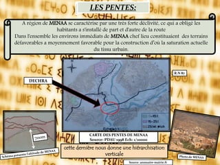 LES PENTES:
A région de MENAA se caractérise par une très forte déclivité, ce qui a obligé les
habitants a s'installé de part et d'autre de la route
Dans l'ensemble les environs immédiats de MENAA chef lieu constituaient des terrains
défavorables a moyennement favorable pour la construction d’où la saturation actuelle
du tissu urbain.
Source :annuaire-mairie.fr
cette dernière nous donne une hiérarchisation
verticale
DECHRA
CARTE DES PENTES DE MENAA
Source: PDAU 1998 Ech: 1/10000
R.N 87
 