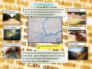 Oued bouzina
Source n’Ighzer
Source Ali Mouche
Source Tasrifth
Source Nasala7
Oued Aabdi
L’hydrographie :
le site est trés riche en eau lors du présence de
deux valés importants oued Aabdi et oued
Bouzina et des sources secondaires
Carte hydrographique de Menàa
(pdf)
le point de rencontre de oued bouzina et de
oued abdi , qui se dirige du nord au sud ,est
la raison principale de l'implantation
humaine dans cette région
 