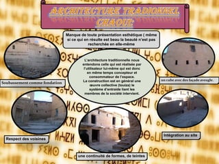 L’architecture traditionnelle nous
entendons celle qui est réalisée par
l’utilisateur lui-même qui est donc
en même temps concepteur et
consommateur de l’espace.
La construction est en général une
œuvre collective (touiza) le
système d’entraide liant les
membres de la société intervient.
Manque de toute présentation esthétique ( même
si ce qui en résulte est beau la beauté n’est pas
recherchée en elle-même
Intégration au site
un cube avec des façade aveugle.
Respect des voisines
une continuité de formes, de teintes
Soubassement comme fondation
 