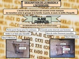 DESCRIPTION DE LA MAISON A
L'INTERIEURE:
L'accès d'une habitation est soumis à trois marques
de transition entre le groupe et la famille: la porte, le seuil, la skiffa (Tasquift).
Un dédoublement d’accès à la maison existe:
Petite porte basse pour les animaux Grande porte réservée aux hommes
limite à un bois peu travaillé
Seuil inférieure
Bois de cèdre finement travaillée
1 à 1.2m
75 cm
75cm x 2
2 à 2.1m
Seuil inférieure
 