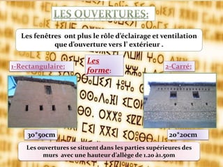 Les fenêtres ont plus le rôle d’éclairage et ventilation
que d’ouverture vers l’ extérieur .
Les
forme:
1-Rectangulaire: 2-Carré:
30*50cm
Les ouvertures se situent dans les parties supérieures des
murs avec une hauteur d’allège de 1.20 à1.50m
20*20cm
 