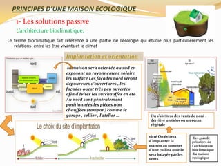 PRINCIPES D’UNE MAISON ECOLOGIQUE
Le terme bioclimatique fait référence à une partie de l’écologie qui étudie plus particulièrement les
relations. entre les être vivants et le climat
1- Les solutions passive
:L’architecture bioclimatique:
la maison sera orientée au sud en
exposant au rayonnement solaire
les surface Les façades nord seront
dépourvues d’ouvertures , les
façades ouest très peu ouvertes
afin d’éviter les surchauffes en été .
Au nord sont généralement
positionnées les pièces non
chauffées (tampon) comme le
garage , cellier , l’atelier … On s’abritera des vents de nord ,
derrière un talus ou un écran
végétale
vitré On évitera
d’implanter la
maison au sommet
d’une colline ou elle
sera balayée par les
vents .
Implantation et orientation
-Les grande
principes de
l’architecture
bioclimatique
-La maison
écologique
 