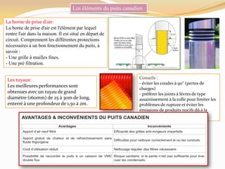 Les éléments du puits canadien
La borne de prise d’air:
La borne de prise d'air est l'élément par lequel
rentre l'air dans la maison. Il est situé en départ de
circuit. Comprennent les différentes protections
nécessaires à un bon fonctionnement du puits, à
savoir :
- Une grille à mailles fines.
- Une pré filtration.
Les tuyaux:
Les meilleures performances sont
obtenues avec un tuyau de grand
diamètre (160mm) de 25 à 30m de long,
enterré à une profondeur de 1,50 à 2m.
Conseils :
- éviter les coudes à 90° (pertes de
charges)
- préférer les joints à lèvres de type
assainissement à la colle pour limiter les
problèmes de rupture et éviter les
émissions de produits nocifs dû à la
colle.
 