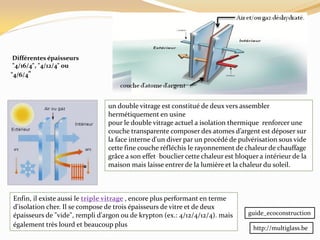 un double vitrage est constitué de deux vers assembler
hermétiquement en usine
pour le double vitrage actuel a isolation thermique renforcer une
couche transparente composer des atomes d’argent est déposer sur
la face interne d'un diver par un procédé de pulvérisation sous vide
cette fine couche réfléchis le rayonnement de chaleur de chauffage
grâce a son effet bouclier cette chaleur est bloquer a intérieur de la
maison mais laisse entrer de la lumière et la chaleur du soleil.
guide_ecoconstruction
Différentes épaisseurs
"4/16/4", "4/12/4" ou
"4/6/4"
Enfin, il existe aussi le triple vitrage , encore plus performant en terme
d'isolation cher. Il se compose de trois épaisseurs de vitre et de deux
épaisseurs de "vide", rempli d'argon ou de krypton (ex.: 4/12/4/12/4). mais
également très lourd et beaucoup plus http://multiglass.be
 