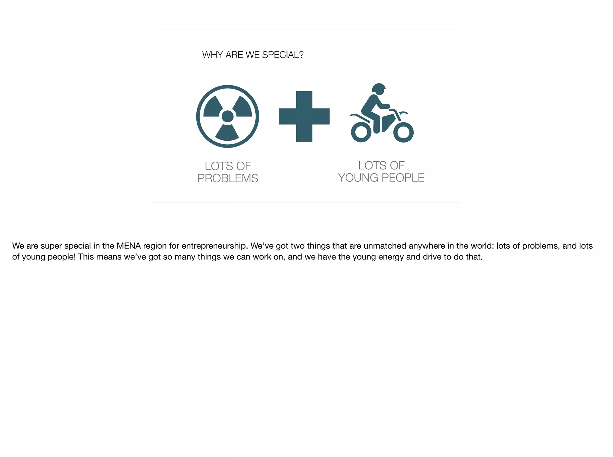 WHY ARE WE SPECIAL?
LOTS OF
PROBLEMS
LOTS OF
YOUNG PEOPLE
We are super special in the MENA region for entrepreneurship. We’ve got two things that are unmatched anywhere in the world: lots of problems, and lots
of young people! This means we’ve got so many things we can work on, and we have the young energy and drive to do that.
 