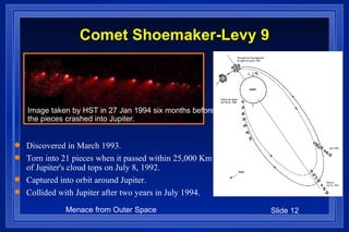 Comet Shoemaker-Levy 9 Discovered in March 1993. Torn into 21 pieces when it passed within 25,000 Km of Jupiter's cloud tops on July 8, 1992. Captured into orbit around Jupiter. Collided with Jupiter after two years in July 1994. Image taken by HST in 27 Jan 1994 six months before the pieces crashed into Jupiter. 