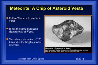 Meteorite: A Chip of Asteroid Vesta Fell in Western Australia in 1960. It has the same pyroxene signature as of Vesta. Vesta has a diameter of 525 km and is the brightest of all asteroids! 