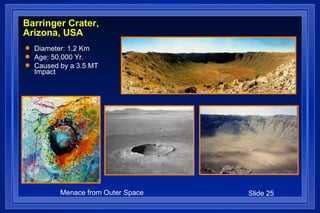 Barringer Crater, Arizona, USA Diameter: 1.2 Km Age: 50,000 Yr. Caused by a 3.5 MT Impact 