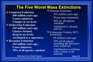 The Five Worst Mass Extinctions Cambrian Extinction 500 million years ago. Causes unknown. Changes in sea level. Ordovician Extinction 439 million years ago. Glaciers formed. Drop in sea levels. Attributed to a supernova. Devonian Extinction 364 million years ago. Cause unknown. 70% of all species vanished. Permian Extinction 245 million years ago. Worst mass extinction. 96% of  all species vanished. Attributed to volcanic activity. Cretaceous-Tertiary (KT) Extinction 65 million years ago. 70% of all species including the dinosaurs were wiped out. Attributed to a collision with a comet or an asteroid. 