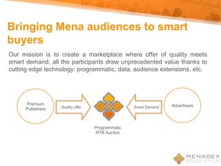 Bringing Mena audiences to smart
buyers
Our mission is to create a marketplace where offer of quality meets
smart demand, all the participants draw unprecedented value thanks to
cutting edge technology: programmatic, data, audience extensions, etc.
Quality offer Smart Demand AdvertisersPremium
Publishers
Programmatic
RTB Auction
 