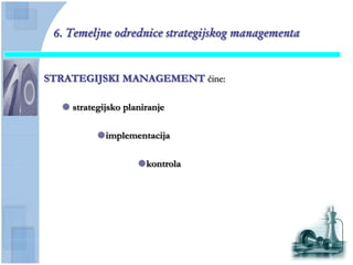 6. Temeljne odrednice strategijskog managementa


STRATEGIJSKI MANAGEMENT ĉine:

   strategijsko planiranje

          implementacija

                    kontrola
 