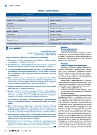 менеджмент

                                                             Правила коммуникации

                                 Не эффективно                                                       Приветствуется

     Игнорировать дискуссию, выжидать                                      Активно участвовать в дискуссии

     Осуждать идеи и высказывания                                          Учитывать все идеи

     Критиковать                                                           Предлагать

     Перебивать                                                            Слушать и уточнять

     Навязывать свое мнение                                                Интересоваться, уточнять мнение другого

     Упрекать, обвинять                                                    Поощрять, побуждать

     Принуждать                                                            Показывать пример

     Оценивать идеи, говорить в общем                                      Оценивая идеи, говорить конкретно

     Соглашаться молча                                                     Выражать одобрение, в случае если вы согласны с мнением или
                                                                           предложением
     Использовать фразы: «это глупость», «ты не прав», «нет, это не так»   Использовать фразы: «хорошая идея», «отлично придумано»


                                                                                                Ошибка.
        НА ЗАМЕТКУ!                                                                             Принятые решения
                                                             Наталья БОРОВИКОВА,                не контролируются
                                          тренер-консультант, научный руководитель          Часто бывает, что совещание прошло, реше-
                                                    Консалтинговой группы Bi to Be:      ния приняты, все испытывают чувство удовлет-
                                                                                         ворения и расходятся по своим рабочим местам
 «Десять принципов повышения эффективности совещаний:
                                                                                         заниматься текущими делами. А про принятые
 1.	 Планировать важные совещания целесообразно на более продук-                         решения как-то забывают.
     тивное время – первую половину дня.
                                                                                                Решение.
 2.	 Руководителю не следует проводить совещания только в своем ка-
                                                                                                Протоколируем и контролируем
     бинете, подчиненные держатся в этих условиях более скованно.
                                                                                            Преодолеть проблему поможет введение в
 3.	 При проведении совещания важно учитывать не только интересы                         практику обязательного документального оформ-
     организации, участников совещания, но и детали этикета, которые                     ления итогов совещаний, направления необхо-
     могут перерасти в обстоятельства, серьезно влияющие на резуль-                      димой информации заинтересованным лицам и
     тат совещания.                                                                      контроля исполнения принятых в ходе меропри-
                                                                                         ятия решений. Как правило, таким документом
 4.	 Более широкий взгляд на проблему и большее число идей руково-                       выступает протокол совещания.
     дитель получит, если при обсуждении вначале поинтересуется мне-                        Комментирует Галина РЕВЕКО: «По результа-
     нием молодых менеджеров, а к мнению более опытных и старших                         там проведенного совещания необходимо сфор-
     сотрудников будет обращаться в последнюю очередь.                                   мировать и отправить всем его участникам прото-
 5.	 Критика должна быть предметной и деловой, носить конструктив-                       кол совещания, в котором должны быть указаны:
     ный характер, не касаться личности.                                                 •	 вопросы, которые обсуждались;
                                                                                         •	 высказанные мнения и предложенные вари-
 6.	 Следует постоянно помнить о движущих мотивах участников сове-                          анты решений обозначенных задач (проблем);
     щания, их личных интересах, самолюбии, чувстве собственного до-                     •	 принятые решения».
     стоинства и никогда, ни при каких обстоятельствах не оскорблять,                       В заключение необходимо сказать об онлайн-
     не стараться обидеть, не относиться пренебрежительно.                               совещаниях. Развитие информационных техноло-
 7.	 Чем полнее в отношениях с людьми опираешься на позитивные                           гий позволяет изложить достоверную и качествен-
     средства, тем меньше создается ненужных ситуаций и тем больше                       ную информацию без ограничений во времени
     эффект.                                                                             и пространстве. С помощью онлайн-презентаций
                                                                                         и совещаний можно продемонстрировать новые
 8.	 Обычно при передаче информация искажается. Серьезный барьер                         товары и услуги, подробно рассказать об их осо-
     в продвижении информации – бюрократия, различия в целях и по-                       бенностях, получить от слушателей обратную связь
     требностях подразделений, которые выполняют роль своеобразно-                       в виде анкетирования, опросов, непосредствен-
     го фильтра, задерживая информацию или внося в нее коррективы.                       ного общения в чате. Онлайн-совещание удобно
 9.	 Выступающему лучше излагать суть вопроса по памяти, а не читать                     проводить на специализированном сервисе, по-
                                                                                         сле чего есть возможность записать совещание.
     текст: усвоение информации слушателями при свободном изложе-
                                                                                         При этом можно отработать одновременно массу
     нии достигает 90%, а при чтении – 35–40%.
                                                                                         документов, внести правки или рассмотреть мно-
 10.	Следует ограничить употребление иностранных слов и выражений,                       жество решений в единицу времени. Видеосвязь
    профессионального сленга – это не лучший способ показать свою                        не требует вашего личного присутствия на сове-
    эрудицию и интеллект. Кто ясно мыслит, тот ясно излагает».                           щании, поэтому у вас есть возможность прово-
                                                                                         дить совещания в поездках и командировках.

30                            № 6 (115) 2012
 