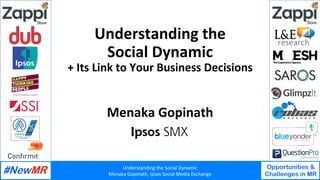 Understanding	the	Social	Dynamic	
Menaka	Gopinath,	Ipsos	Social	Media	Exchange	
Opportunities &
Challenges in MR
	
	
Understanding	the	
Social	Dynamic		
+	Its	Link	to	Your	Business	Decisions	
Menaka	Gopinath	
 